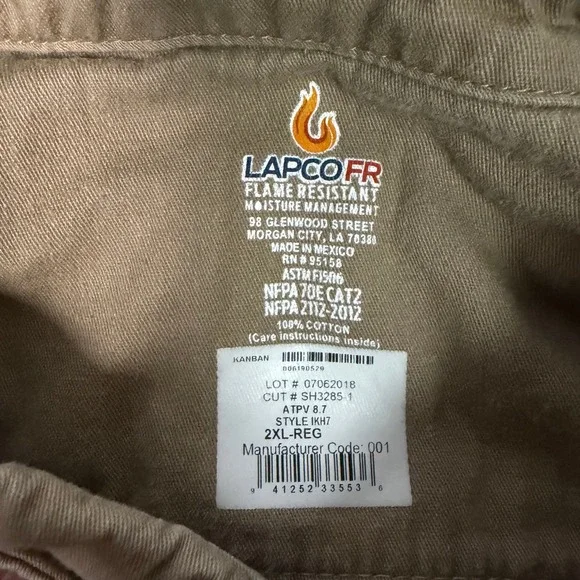 Lot of 2 LAPCO FR Mens Khaki Flame Resistant Work Shirts Boh Bros XXL IKH7 CAT2 - Picture 12 of 14